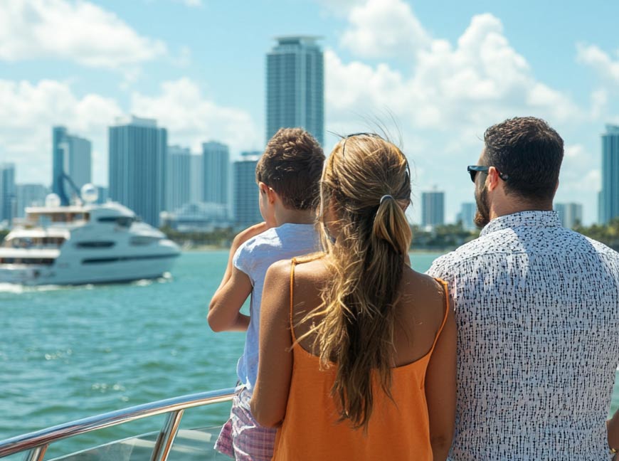 Guests enjoying a daytime NYC landmarks cruise in New York Harbor.