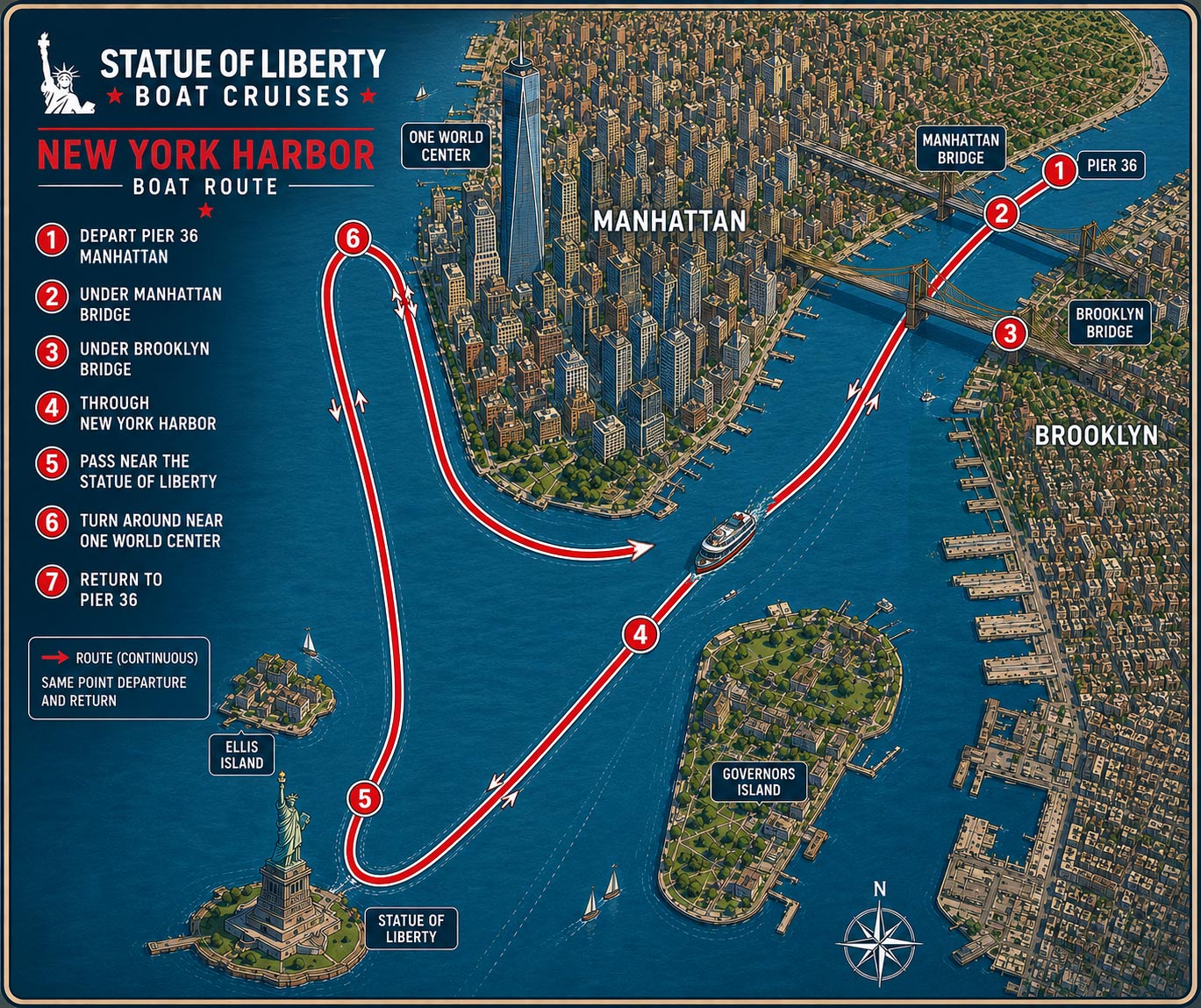 The Statue of Liberty Boat Cruises map shows the route of the harbor sightseeing cruise