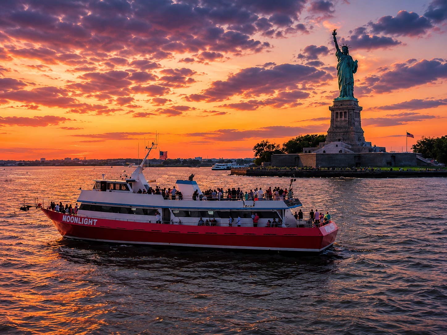 Statue of Liberty sunset cruise with New York City skyline views at golden hour