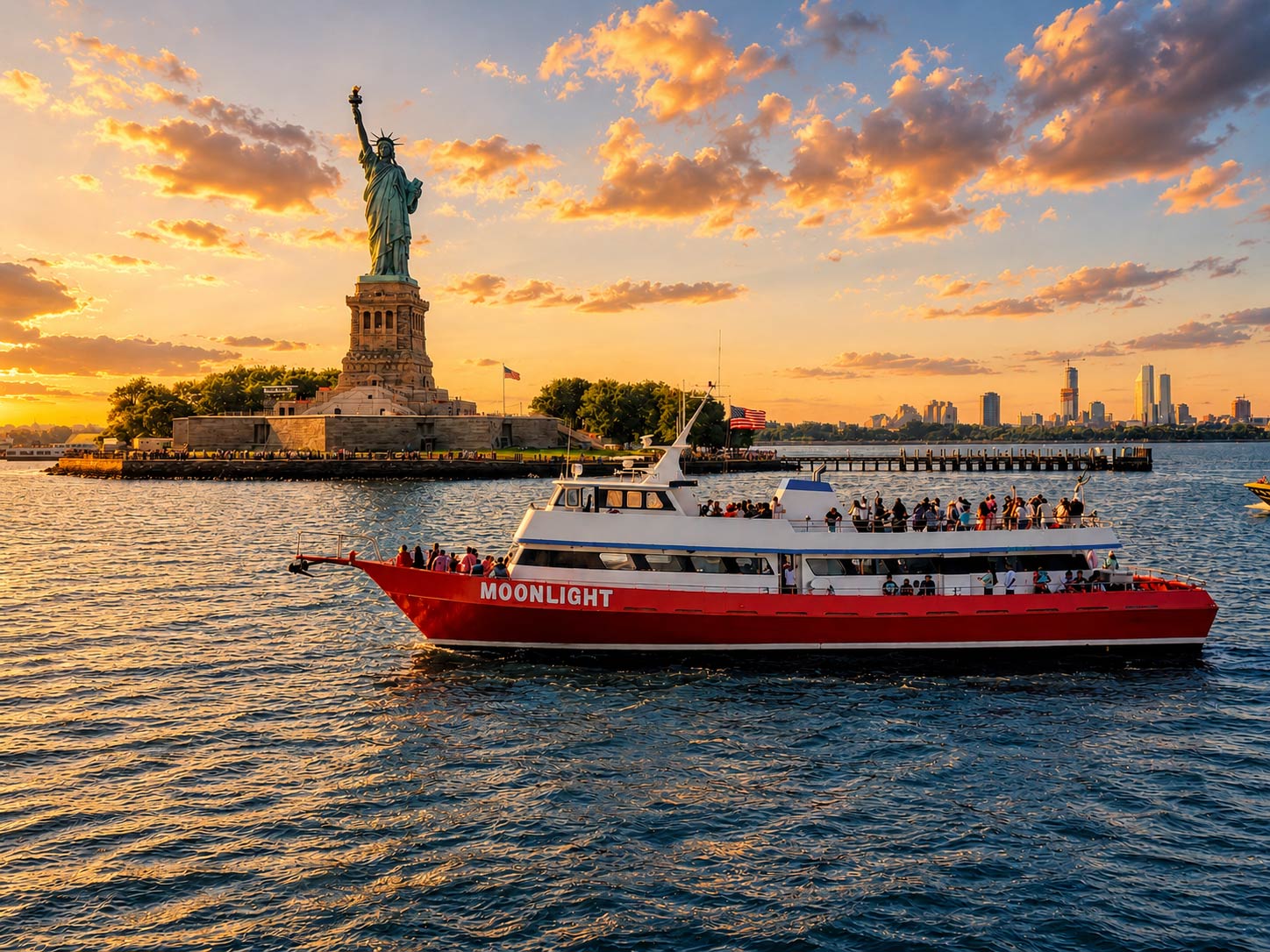 The Moonlight sightseeing boat cruises past the Statue of Liberty.