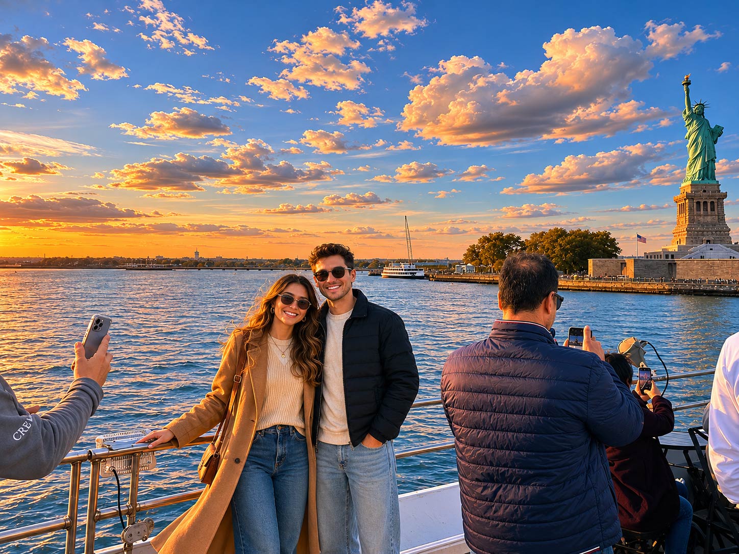 A couple takes a photo in front of the Statue of Liberty