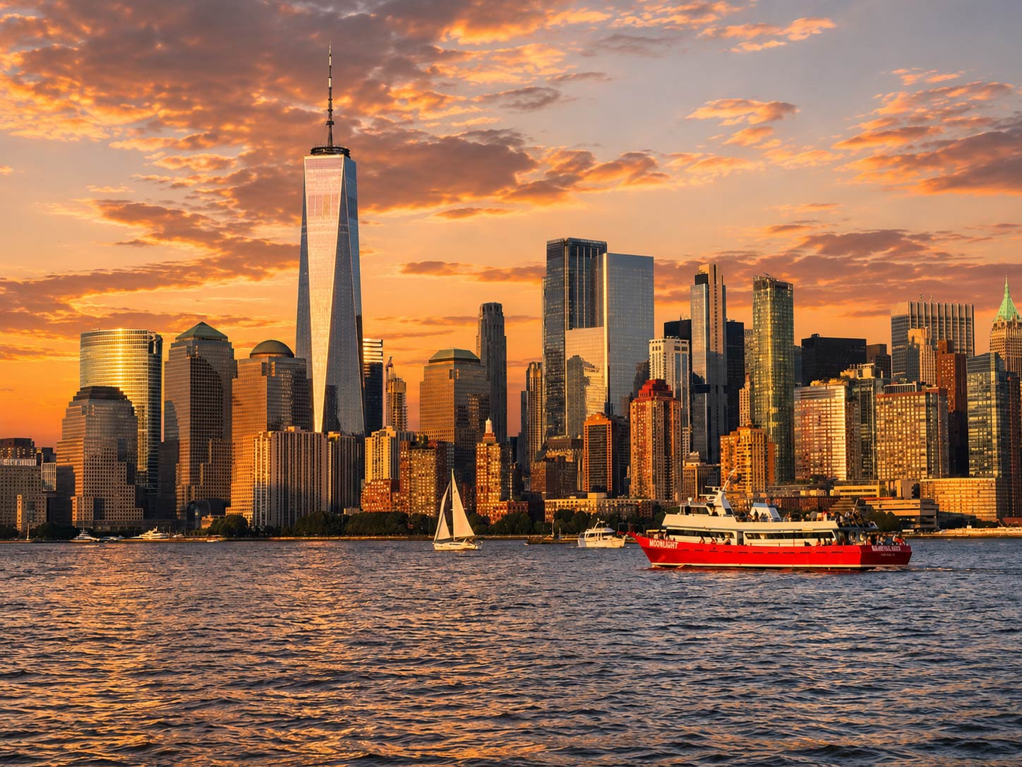 The Moonlight boat cruises past the Manhattan skyline