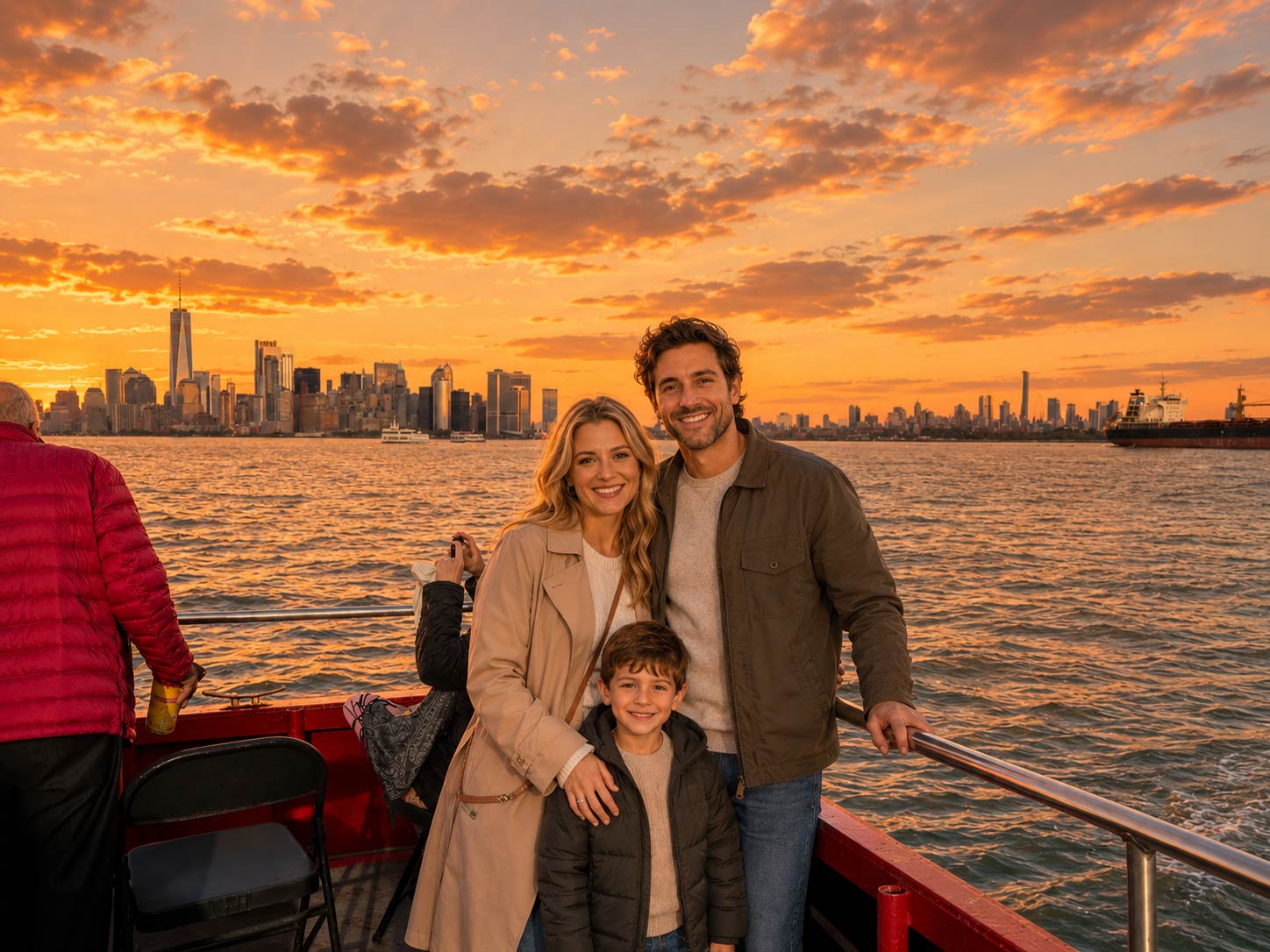 A family of three takes a group photo on the bow of the boat. 